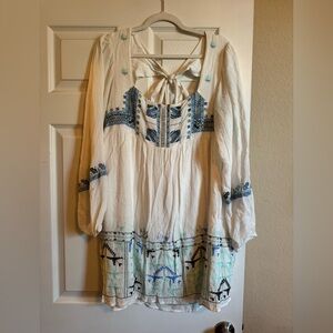 Free People Mayner White and Blue Embroidered Midi Dress